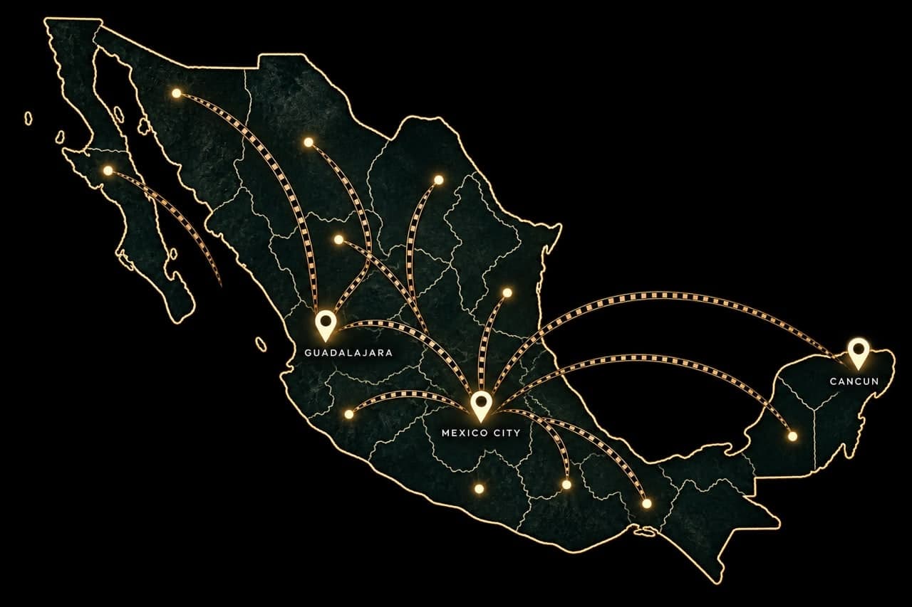 Map of Mexico showing production routes radiating from Mexico City, Guadalajara and Cancún to locations across the country.
